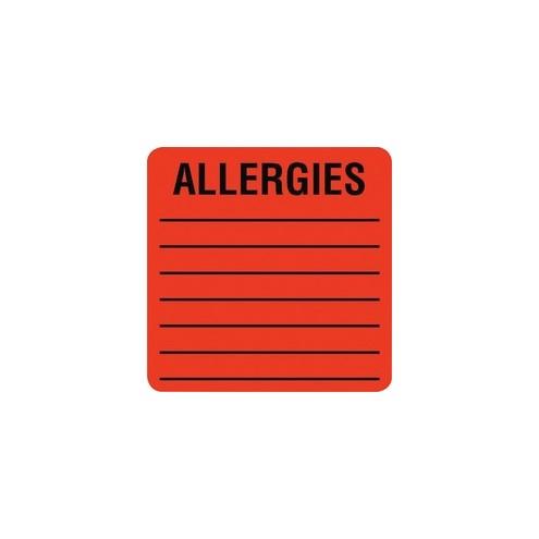 Tabbies Square ALLERGIES Labels - Permanent Adhesive - 2" Width x 2" Length - Square - Fluorescent Red - 500 / Roll - 500 / Roll