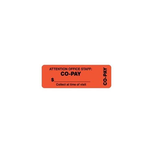 Tabbies CO-PAY Wrap Labels - "Collect at Time of Visit" , "Attention Office Staff: Co-Pay" - 3" Width x 1" Length - Rectangle - Fluorescent Red Orange - 500 / Roll - 500 / Roll