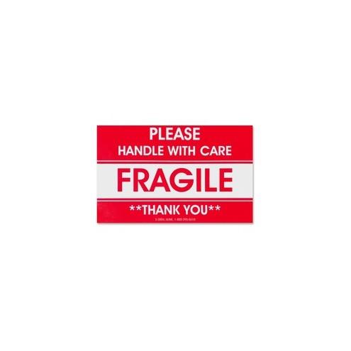 Tatco Fragile/Handle With Care Shipping Label - "Fragile - Handle with Care" , "Thank You" - 3" Width x 5" Length - Rectangle - Red - 500 / Roll - 500 / Roll