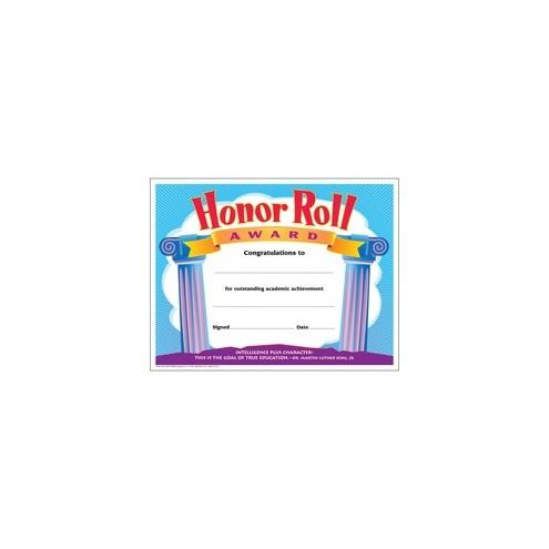 Trend Honor Roll Award Certificate - "Honor Roll Award" - 8.50" x 11" - Assorted - 30 / Pack