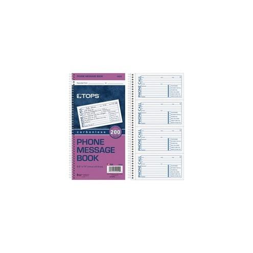 TOPS Carbonless While You Were Out Book - Double Sided Sheet - Spiral Bound - 2 PartCarbonless Copy - 5 1/2" x 11" Sheet Size - White - Assorted Sheet(s) - Blue, Red Print Color - Recycled - 1 Each