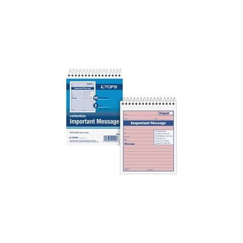 TOPS 1CPP Duplicate Important Message Book - 50 Sheet(s) - Spiral Bound - 2 PartCarbonless Copy - 6" x 4.25" Form Size - Pink - Assorted Sheet(s) - Blue, Red Print Color - 1 Each