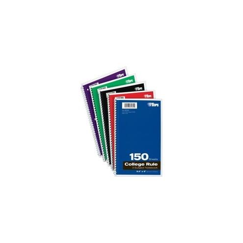 TOPS 3-subject College Ruled Notebook - 150 Sheets - Wire Bound - 9 1/2" x 6" - 13" x 7.5"9.8" - Bright White Paper - Black, Red, Blue, Green, Purple Cover - Divider, Perforated - 1Each