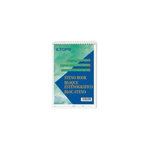 TOPS Green Tint Steno Books - 70 Sheets - Coilock - 15 lb Basis Weight - 6" x 9" - 9" x 6" x 0.3" - Green Tint Paper - Green, White, Blue Cover - Snag Resistant, Acid-free, Heavyweight - 12 / Dozen