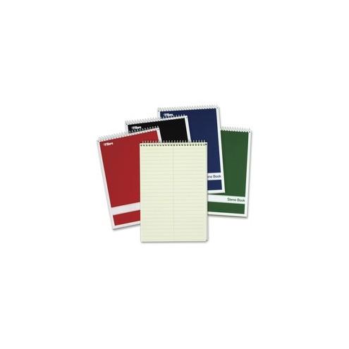 TOPS Gregg-ruled Steno Book - 80 Sheets - Wire Bound - 15 lb Basis Weight - 6" x 9" - 9" x 6" - Green Tint Paper - Red, Green, Black, Blue Cover - Durable Cover, Rigid, Acid-free - 4 / Pack