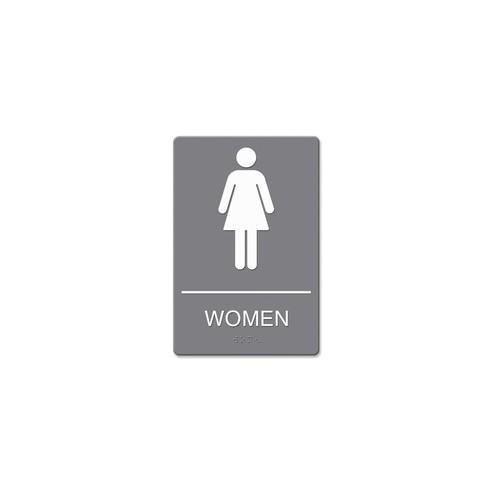 HeadLine ADA Women Restroom Sign with Symbol - 1 Each - Women Print/Message - 6" Width x 9" Height - Rectangular Shape - Adhesive - Plastic - Gray