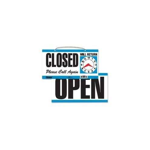 HeadLine Open/Closed 2-sided Sign - 1 / Each - Open, CLOSED, Please Call Again, Will Return Print/Message - 11.5" Width x 6" Height - Rectangular Shape - Customizable Time - White, Blue