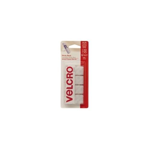 VELCRO&reg; Brand Sticky Back Squares, 7/8in Squares, White, 12ct - Simple peel and stick application, ideal for smooth surfaces. Designed for indoor use.