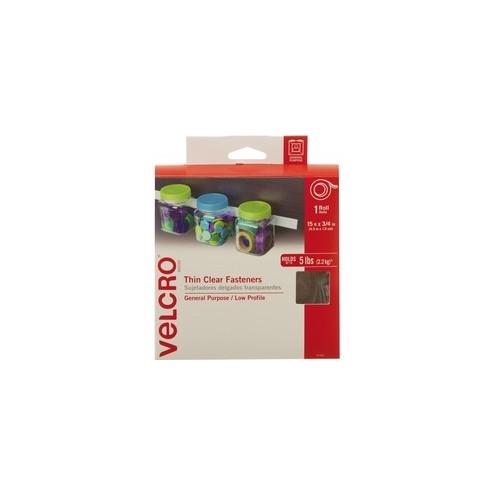 VELCRO&reg; Brand Thin Clear Fasteners, 15ft x 3/4in Roll, Clear - Low profile and easy to apply. Adheres to most surfaces including glass for an inconspicious look.