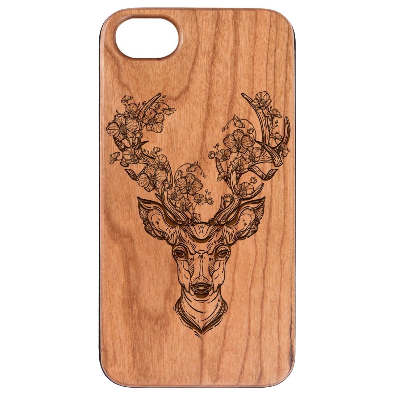 Deer with Flowers - Engraved - Wooden Phone Case