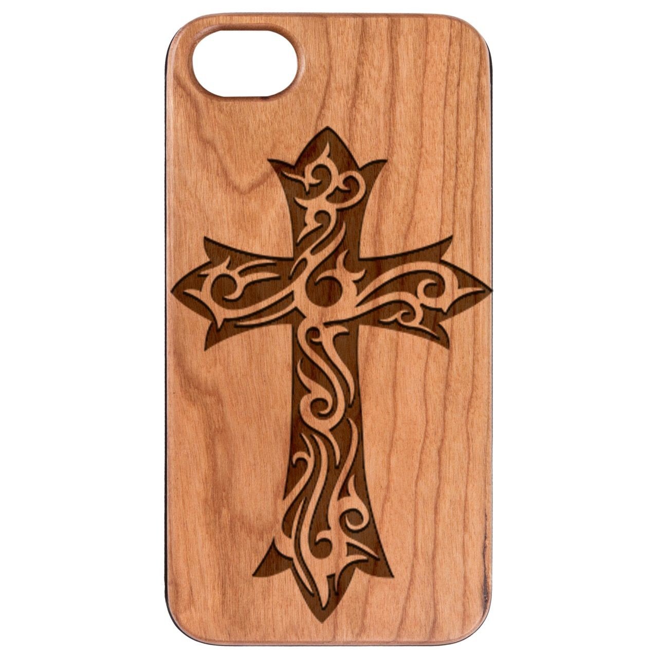 Floral Cross - Engraved - Wooden Phone Case