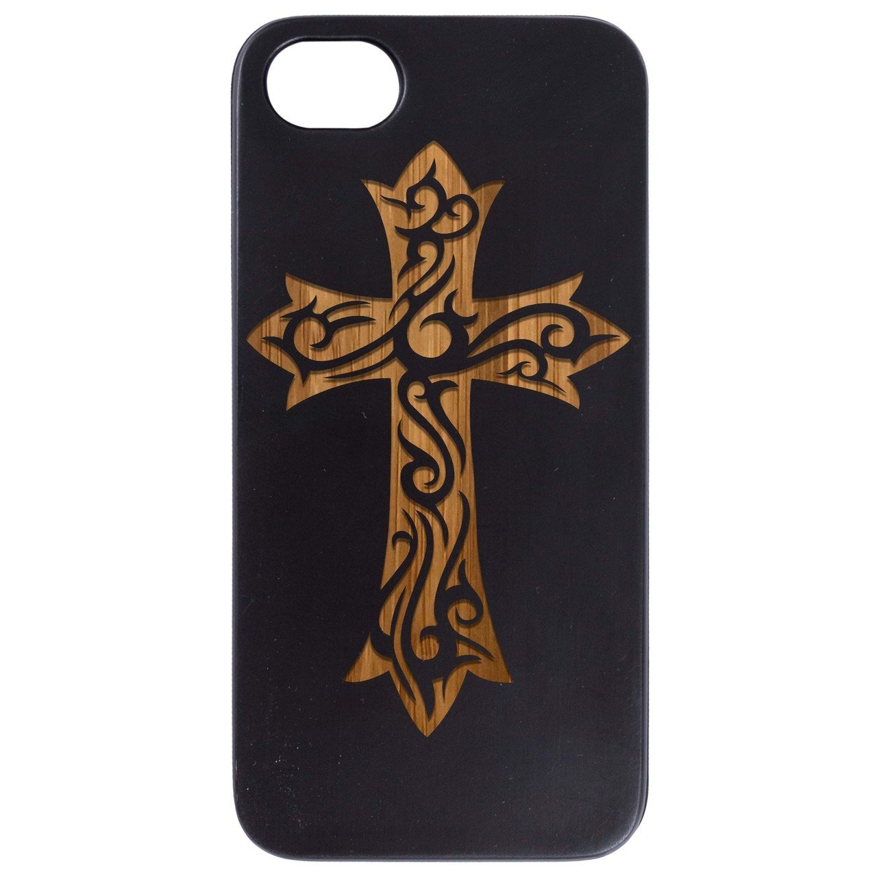 Floral Cross - Engraved - Wooden Phone Case