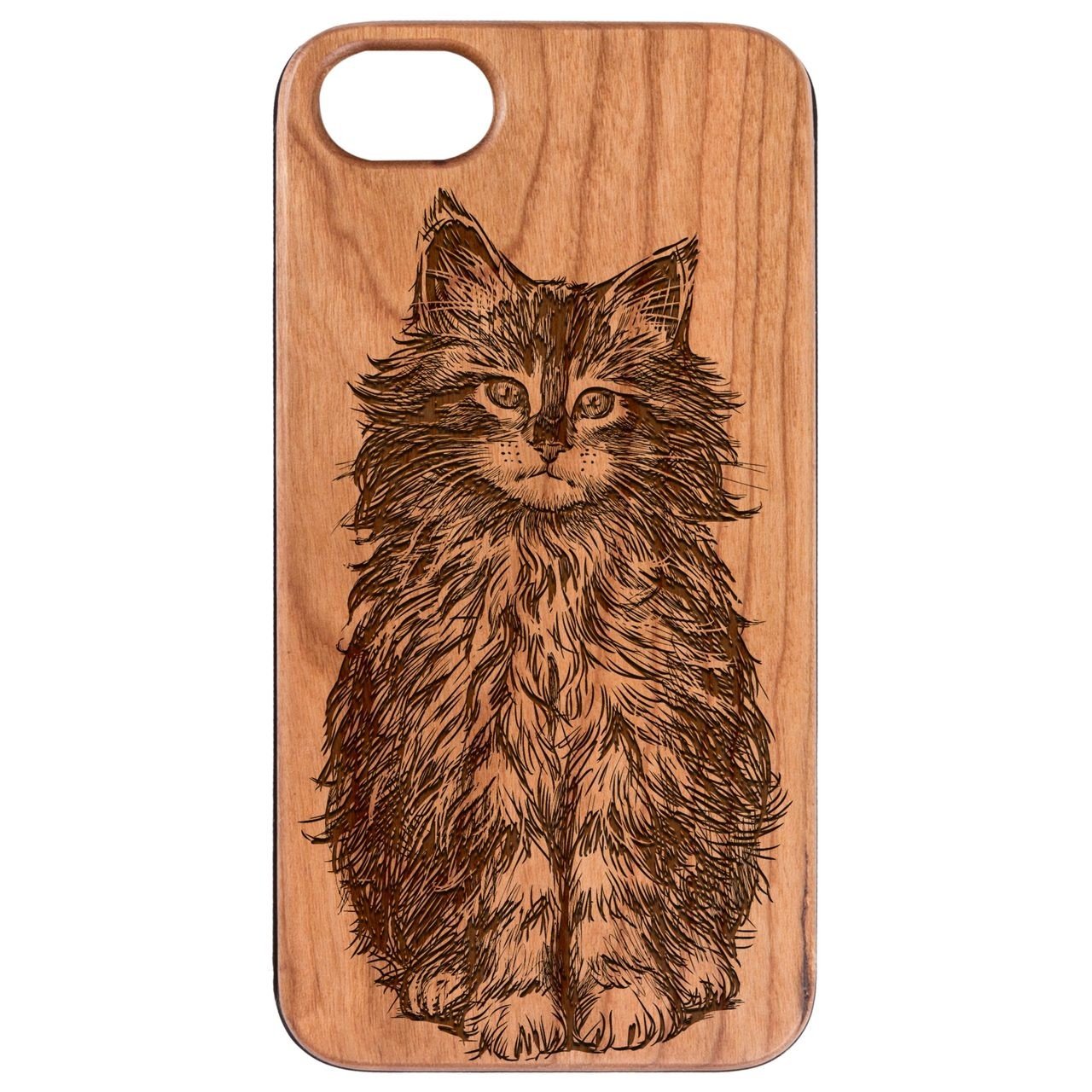 Fluffy Cat - Engraved - Wooden Phone Case