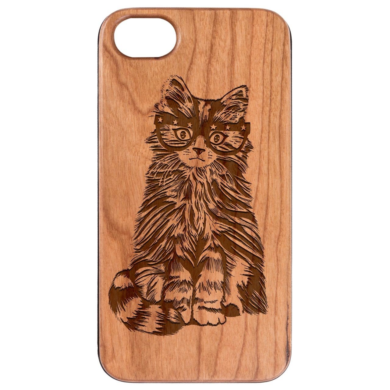 Fluffy Cat with Glasses - Engraved - Wooden Phone Case