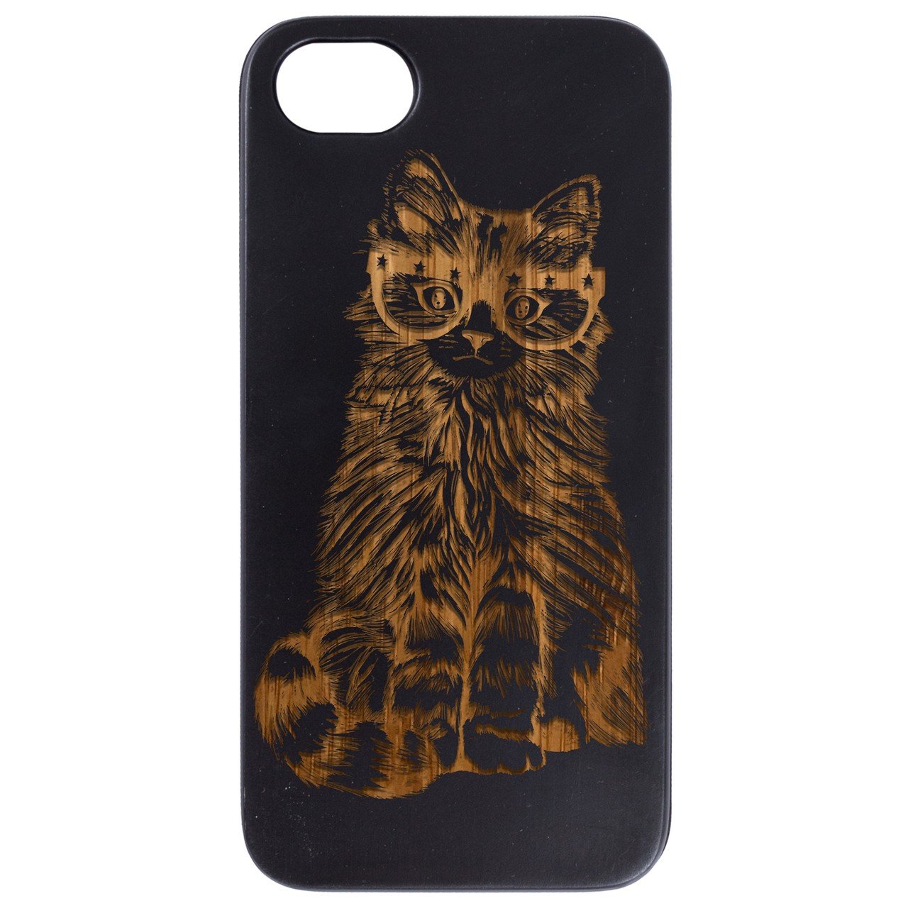 Fluffy Cat with Glasses - Engraved - Wooden Phone Case