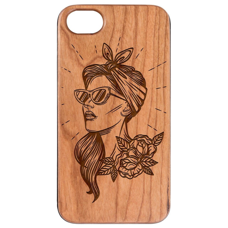 Girl with Sunglasses - Engraved - Wooden Phone Case