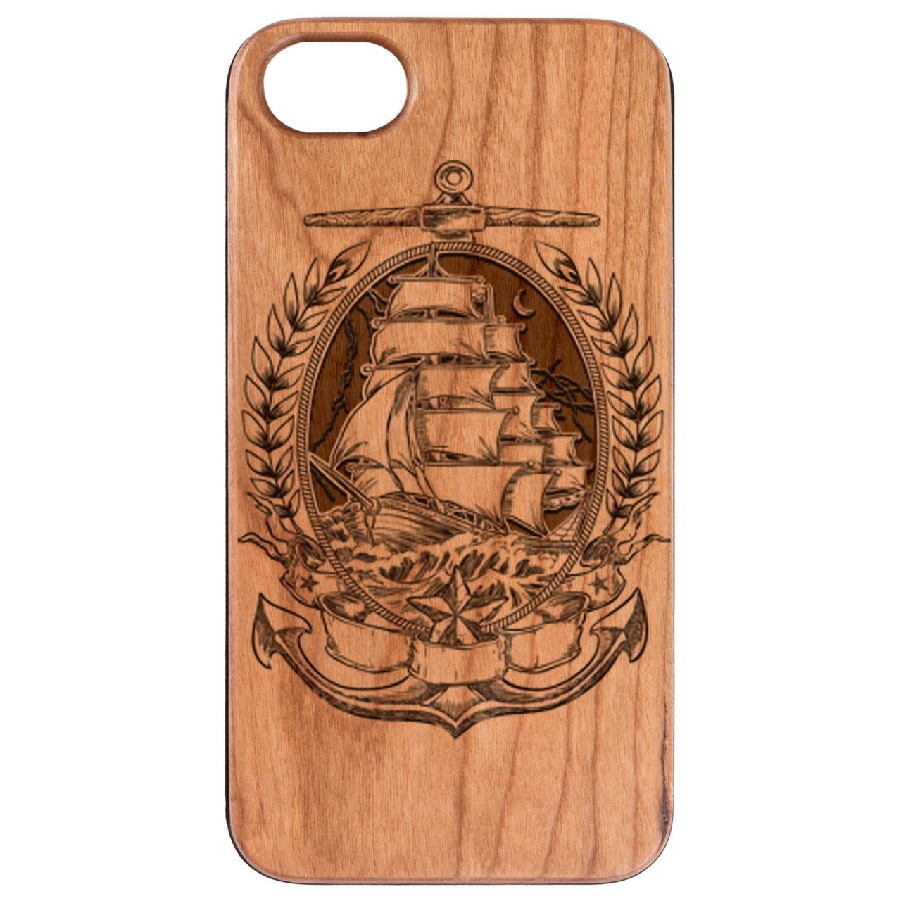  Pirate Ship in Crest - Engraved - Wooden Phone Case - IPhone 13 Models